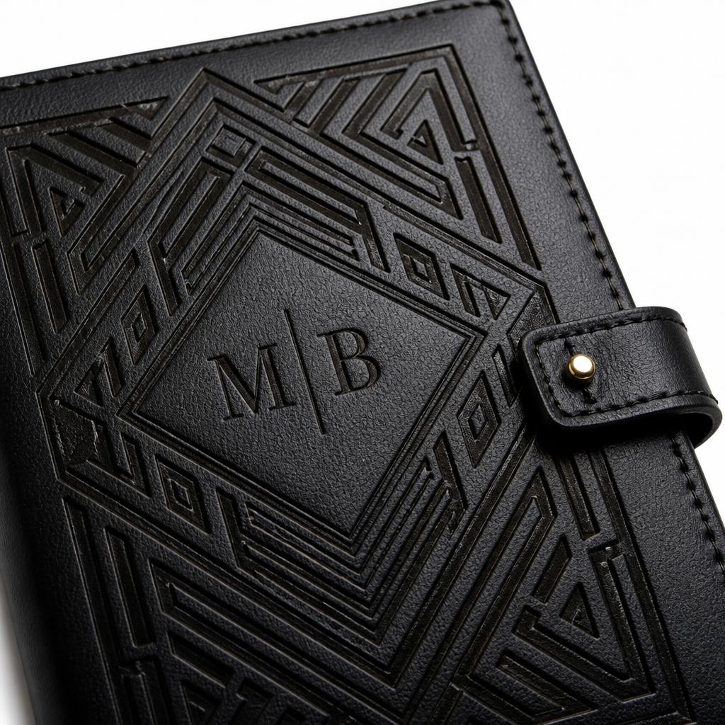 Laser etched black leather notebook with geometric monogram