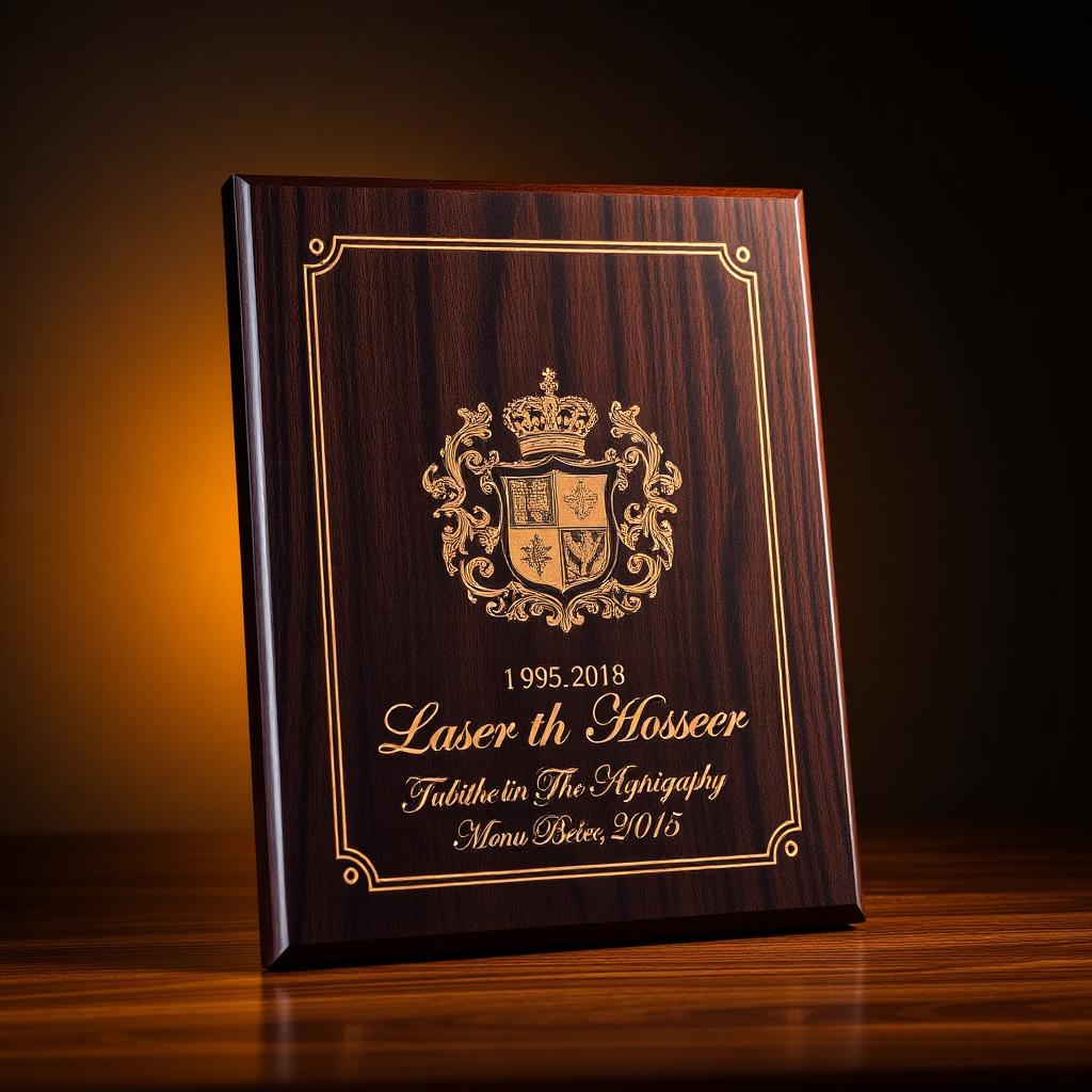 Laser engraved dark walnut wood plaque with ornate crest