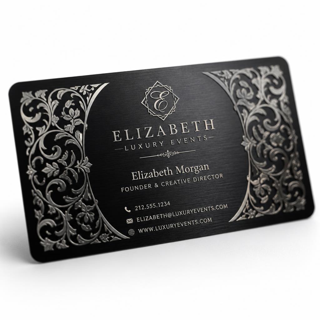 Laser engraved black metal business card with silver floral details