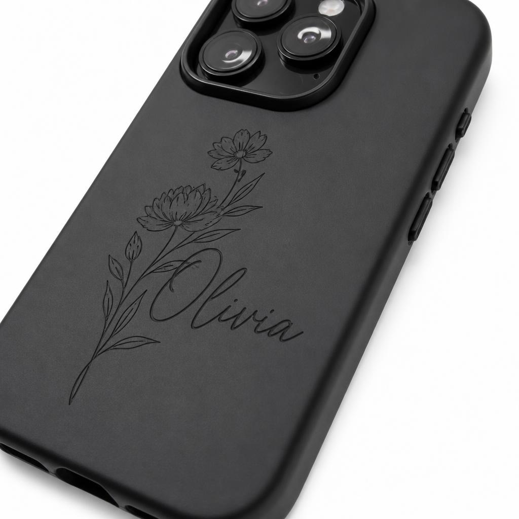 Laser engraved matte black phone case with floral name design