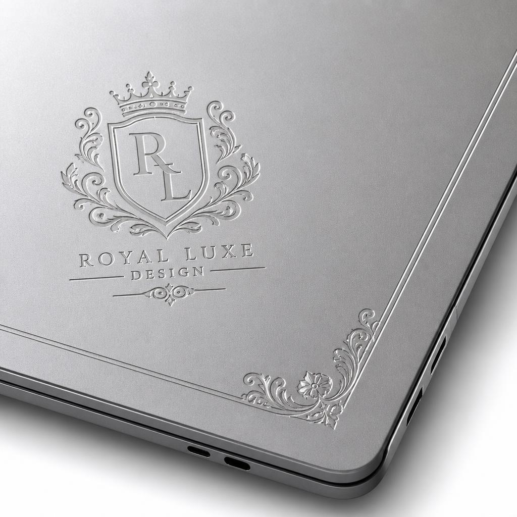 Laser etched silver laptop lid with ornamental crest logo